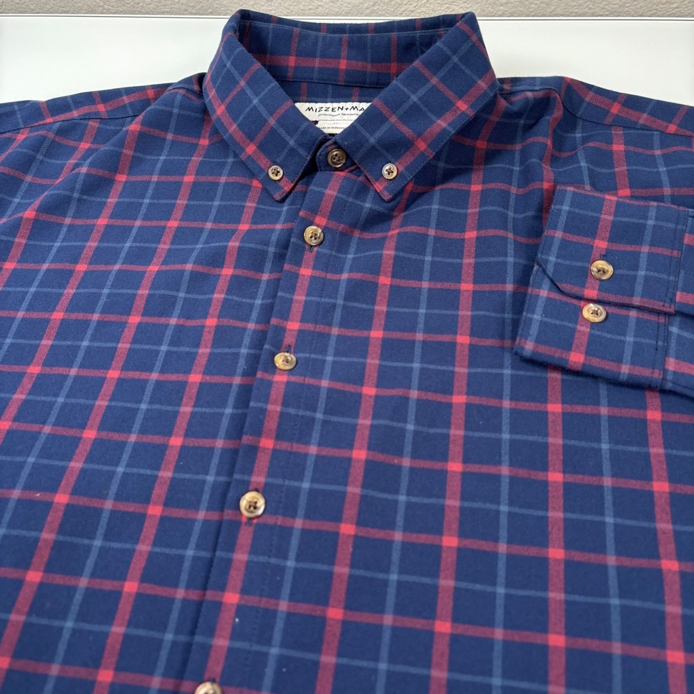 Mizzen+Main Mens XL Blue Red Plaid Button Down Shirt Performance Stretch